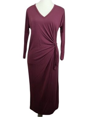 Lucky Brand Modal Blend Midi Dress XS V Neck Side Tie Soft Casual Boho